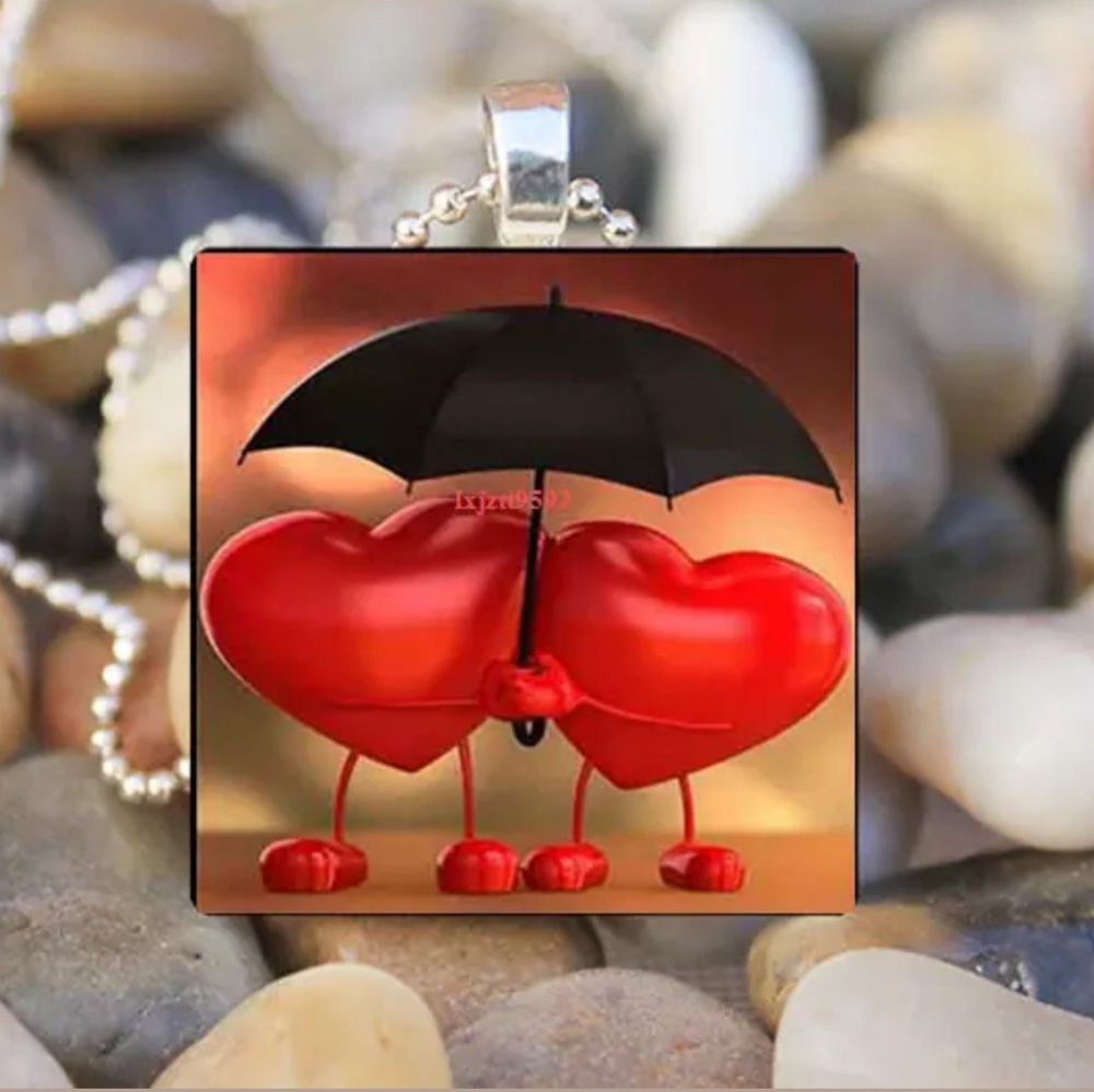Hearts & Umbrella Silver & Glass Tile Necklace